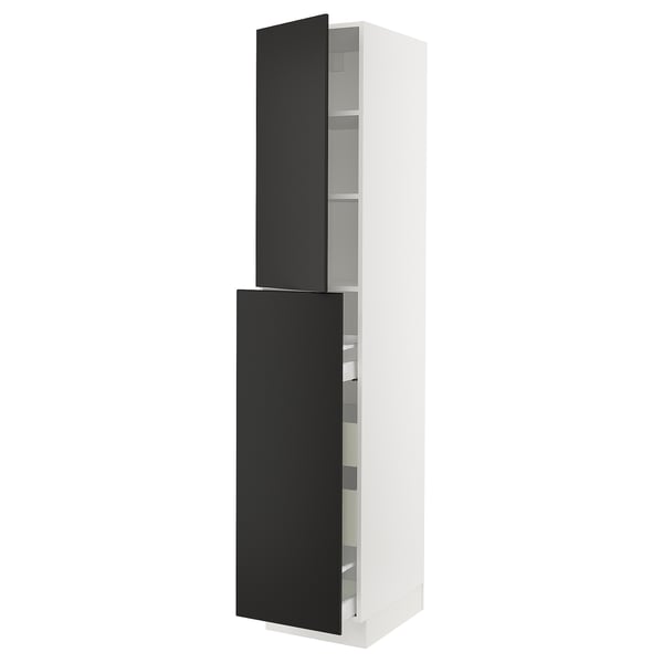 A SEKTION tall kitchen cabinet with black doors and a white frame. It has adjustable shelves and a modern design.