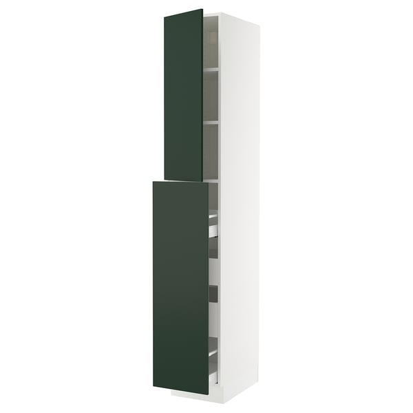 SEKTION kitchen cabinet in dark green with white frame. Tall, rectangular shape with adjustable shelves and soft-closing hinges.