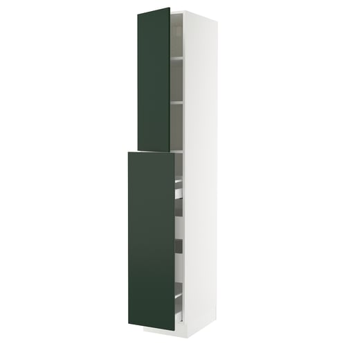SEKTION kitchen cabinet in dark green with white frame. Tall, rectangular shape with adjustable shelves and soft-closing hinges.