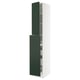 SEKTION kitchen cabinet in dark green with white frame. Tall, rectangular shape with adjustable shelves and soft-closing hinges.