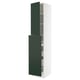 Modern tall kitchen cabinet in dark green with white frame, featuring shelves and drawers, adjustable and easy-open.