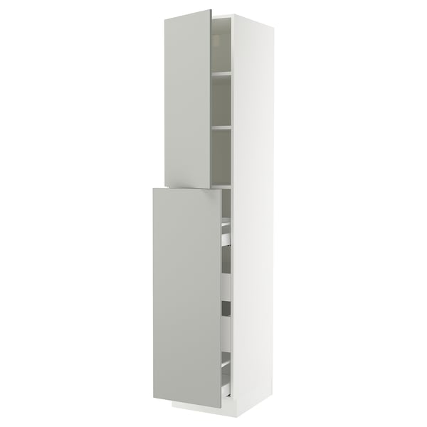 Ikea SEKTION white cabinet, light grey, tall, modern clean look, with adjustable shelves and soft-closing doors.