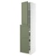 Ikea SEKTION kitchen unit in green with white frame, open door revealing shelves.