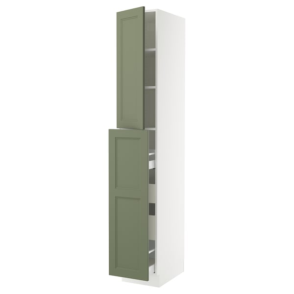 SEKTION kitchen cabinet in green, modern traditional design with smooth, adjustable shelves and a full drawer over two doors.