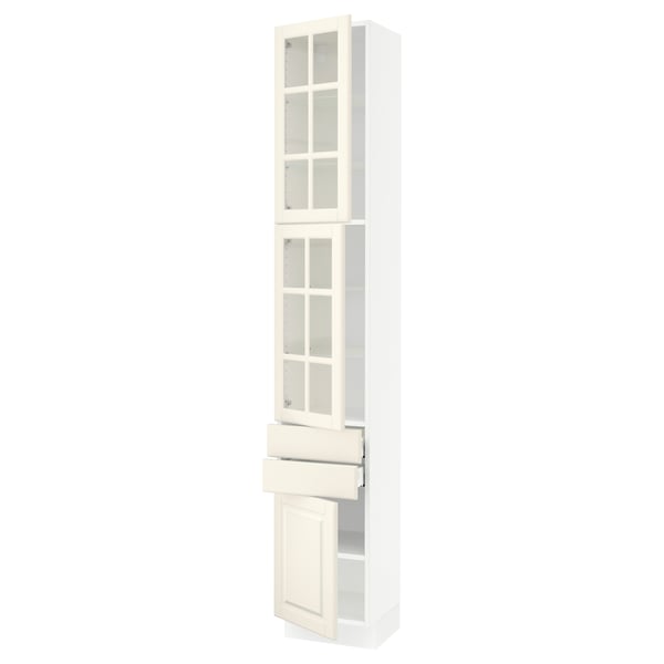 A tall, white SEKTION cabinet with glass doors and adjustable shelves.