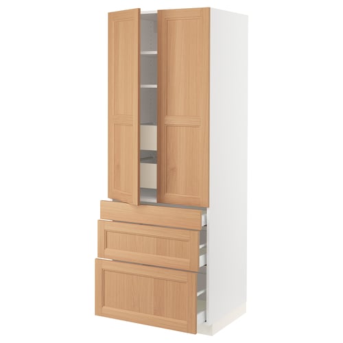 SEKTION kitchen cabinet in oak with wooden doors and drawers, white frame.