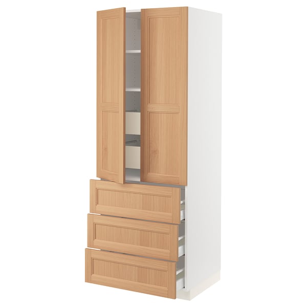 An ikea SEKTION kitchen cabinet in white with oak doors and drawers. It adjustable shelves and drawers with built-in dampers.