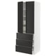 Modern black kitchen cabinet with three drawers and one open door.