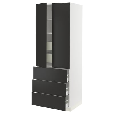 Modern black kitchen cabinet with three drawers and one open door.