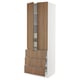 Modern kitchen cabinet with sleek walnut-finished wood doors, white frame, and three drawers.