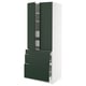 Green and white kitchen cabinet. Tall, two doors, two drawers, adjustable shelves.