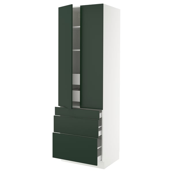 Displays a tall green kitchen cabinet with two doors and three drawers, designed by IKEAs SEKTION system.