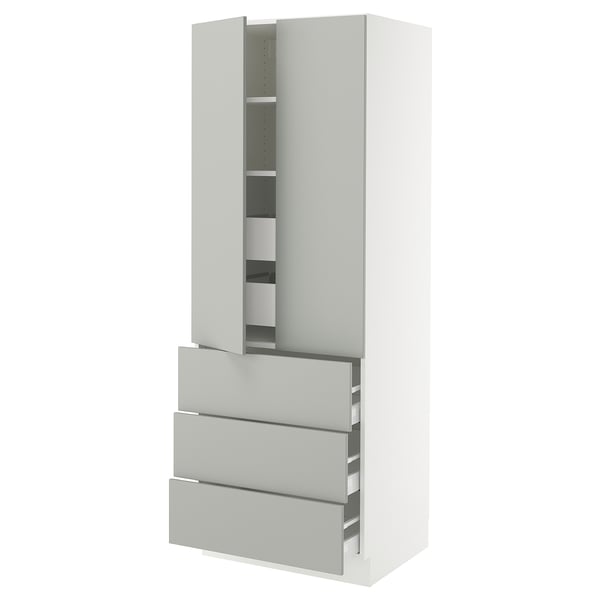 SEKTION kitchen cabinet, white-gray, modern style, light grey doors, adjustable shelves, smooth drawers.