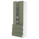 Ikea SEKTION kitchen unit in green with drawers and shelves.