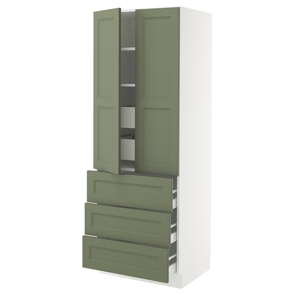 Green ikea SEKTION kitchen cabinet with 3 drawers & 2 open shelves.