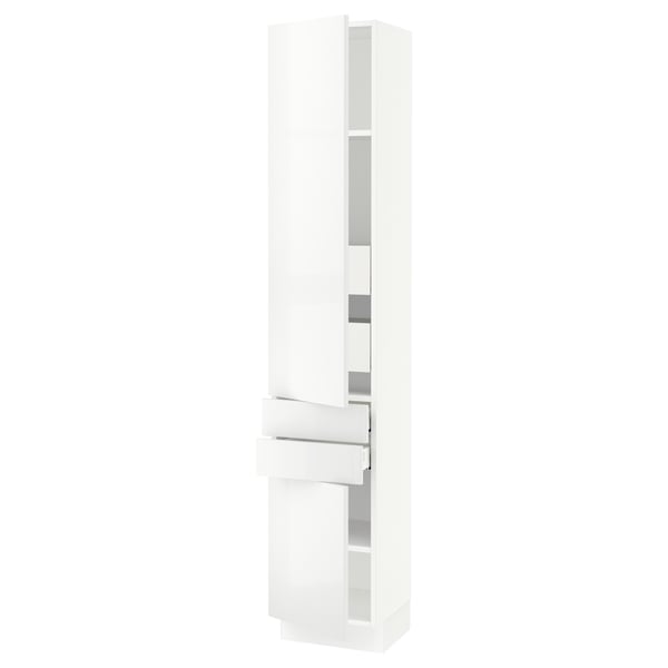 A modern, tall, white ikea SEKTION kitchen cabinet with high-gloss, white ringhult doors, featuring adjustable shelves and a sleek, clean design.