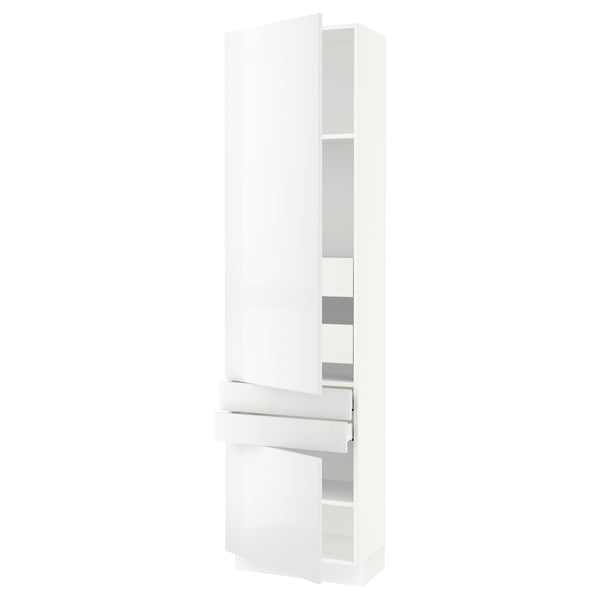 A white SEKTION kitchen cabinet with glossy doors and adjustable shelves for storage.