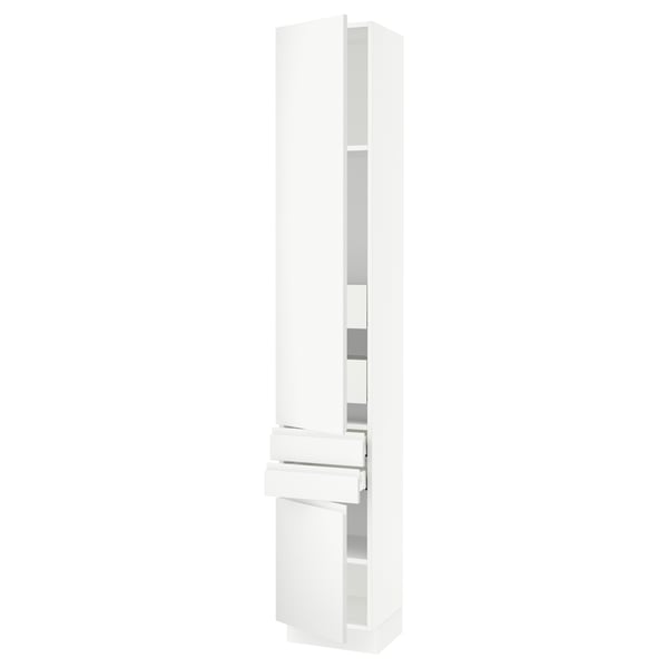 A white SEKTION kitchen cabinet with integrated handles, featuring sleek, modern design and minimalist style.