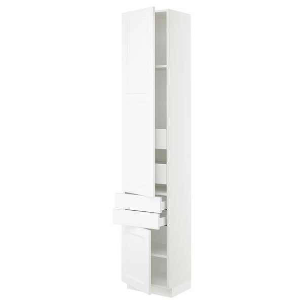 A white SEKTION tall kitchen cabinet with adjustable shelves and integrated drawers. The sleek and modern design ensures practical storage.