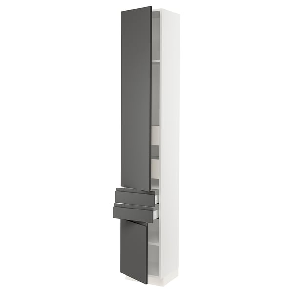 A SEKTION kitchen cabinet in white with dark grey matte drawers and doors. The cabinet is tall and rectangular with multiple shelves and drawers.