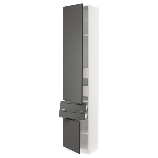 A modern white kitchen cabinet with dark grey handles. It adjustable shelves and soft-closing drawers.