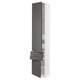 A modern white kitchen cabinet with dark grey handles. It adjustable shelves and soft-closing drawers.