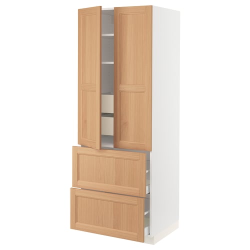 Wooden kitchen cabinet with two open doors and drawers in natural oak finish, part of SEKTION system with oak veneer and adjustable shelves.