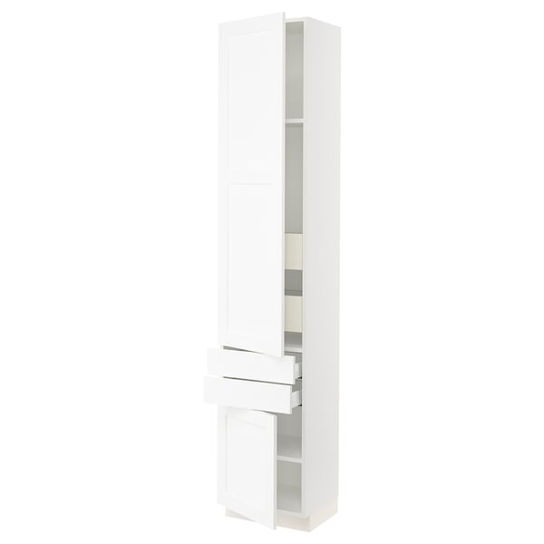 White SEKTION kitchen cabinet with adjustable shelves and soft-closing hinge.