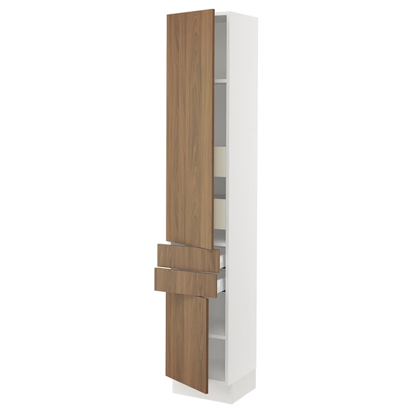 A modern white kitchen cabinet with walnut-colored wood doors, featuring adjustable shelves and a sleek, clean design.