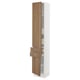 A modern white kitchen cabinet with walnut-colored wood doors, featuring adjustable shelves and a sleek, clean design.