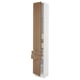 A tall white kitchen cabinet with wooden doors, featuring adjustable shelves and modern design.