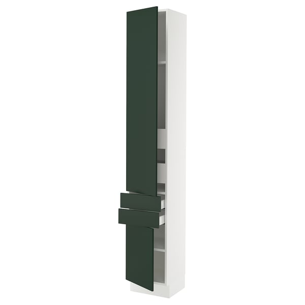 Modern tall white cabinet with green drawers and door, adjustable shelves, and soft-close drawer system.