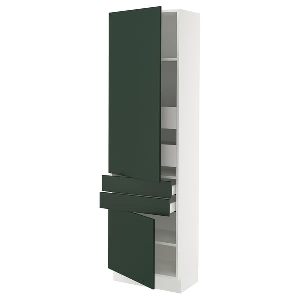 A modern, tall, white kitchen cabinet with dark green doors and shelves. It adjustable shelves and a sleek, contemporary design.