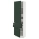 A modern, tall, white kitchen cabinet with dark green doors and shelves. It adjustable shelves and a sleek, contemporary design.