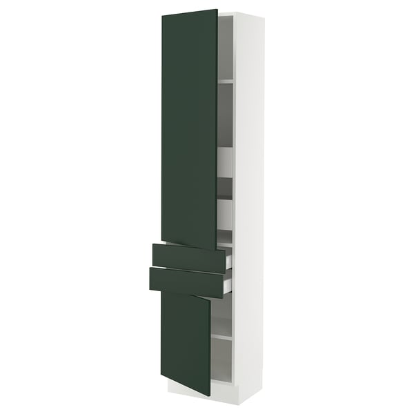 A modern, tall white cabinet with dark green doors and drawers, featuring a sleek, minimalist design.