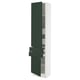A modern, tall white cabinet with dark green doors and drawers, featuring a sleek, minimalist design.