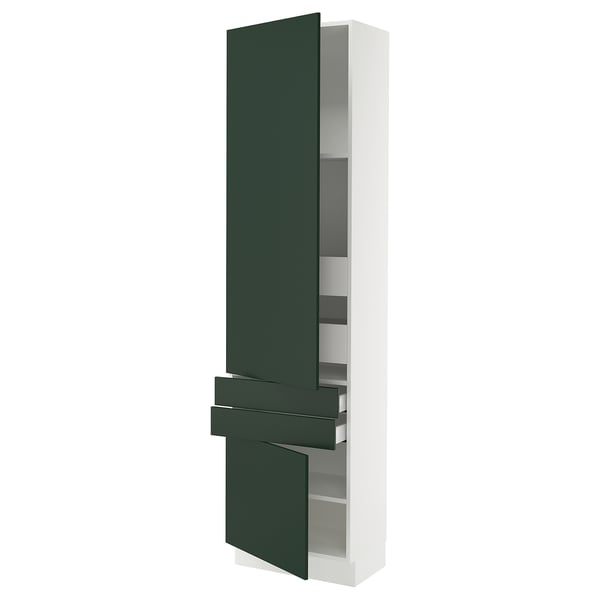 A tall white cabinet with dark green doors, offering ample storage. It adjustable shelves and a modern design.