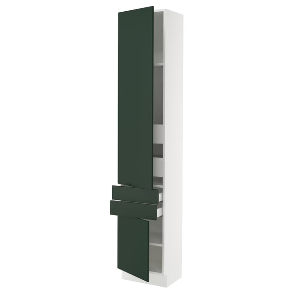SEKTION kitchen cabinet, green, white, modern, tall, sleek, adjustable shelves.