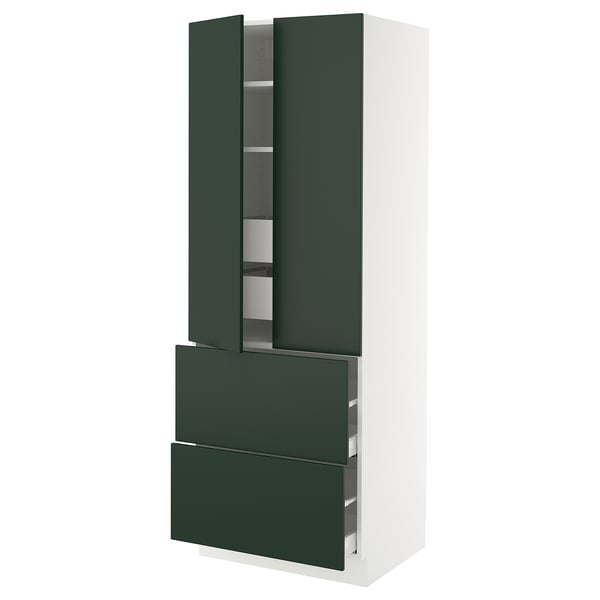 Modern green kitchen cabinet with two drawers and adjustable shelves. Wide, tall, white body with deep green drawers and door.