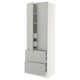 A modern white SEKTION kitchen cabinet with grey drawers and shelves. It a sleek, tall design with a clean look.