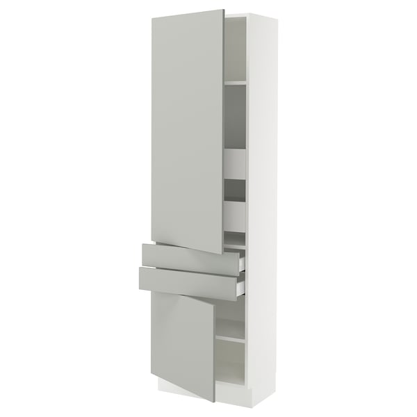 Modern light grey kitchen cabinet with adjustable shelves and soft-close hinges. Tall, rectangular, sleek design.