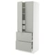A white SEKTION kitchen cabinet with grey drawers and shelves. It has a modern, clean, and minimalist design, with a tall and slim shape.