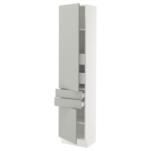 This image a tall white SEKTION cabinet with stainless steel handles and a mirrored door.