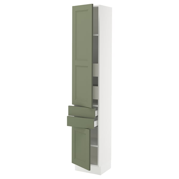 A tall white kitchen cabinet with green doors and drawers. The cabinet has an organised interior with shelves and drawers, and a sleek, modern design.