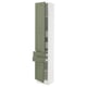 A tall white kitchen cabinet with green doors and drawers. The cabinet has an organised interior with shelves and drawers, and a sleek, modern design.