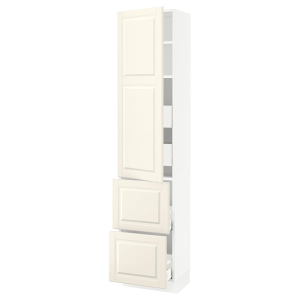 Depicts an off-white SEKTION kitchen cabinet with multiple storage sections and a traditional design.