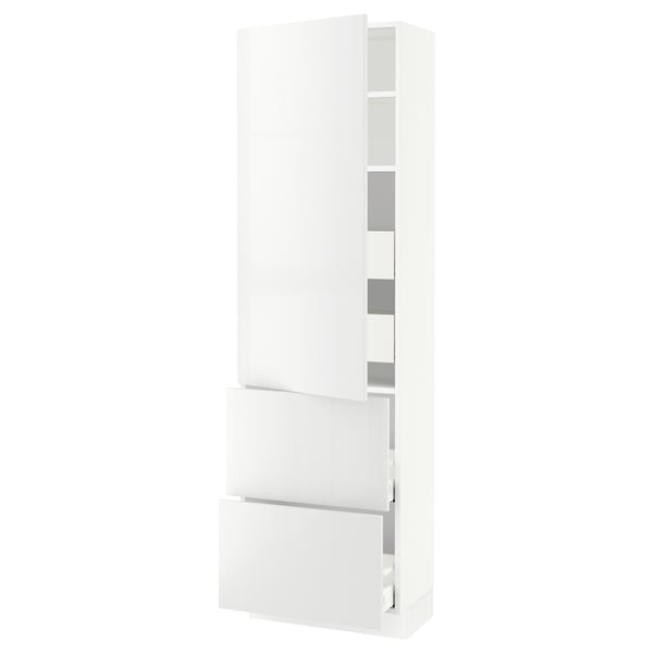 White high gloss kitchen cabinet with 3 drawers and 2 shelves.