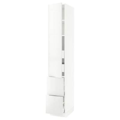 White high gloss kitchen cabinet with drawers and adjustable shelves.