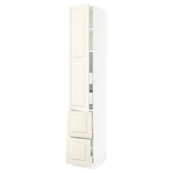 White SEKTION kitchen cabinet with shelves, drawers, and gentle-closing doors.