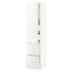 White kitchen cabinet, tall with high gloss, adjustable shelves, silver hinges.